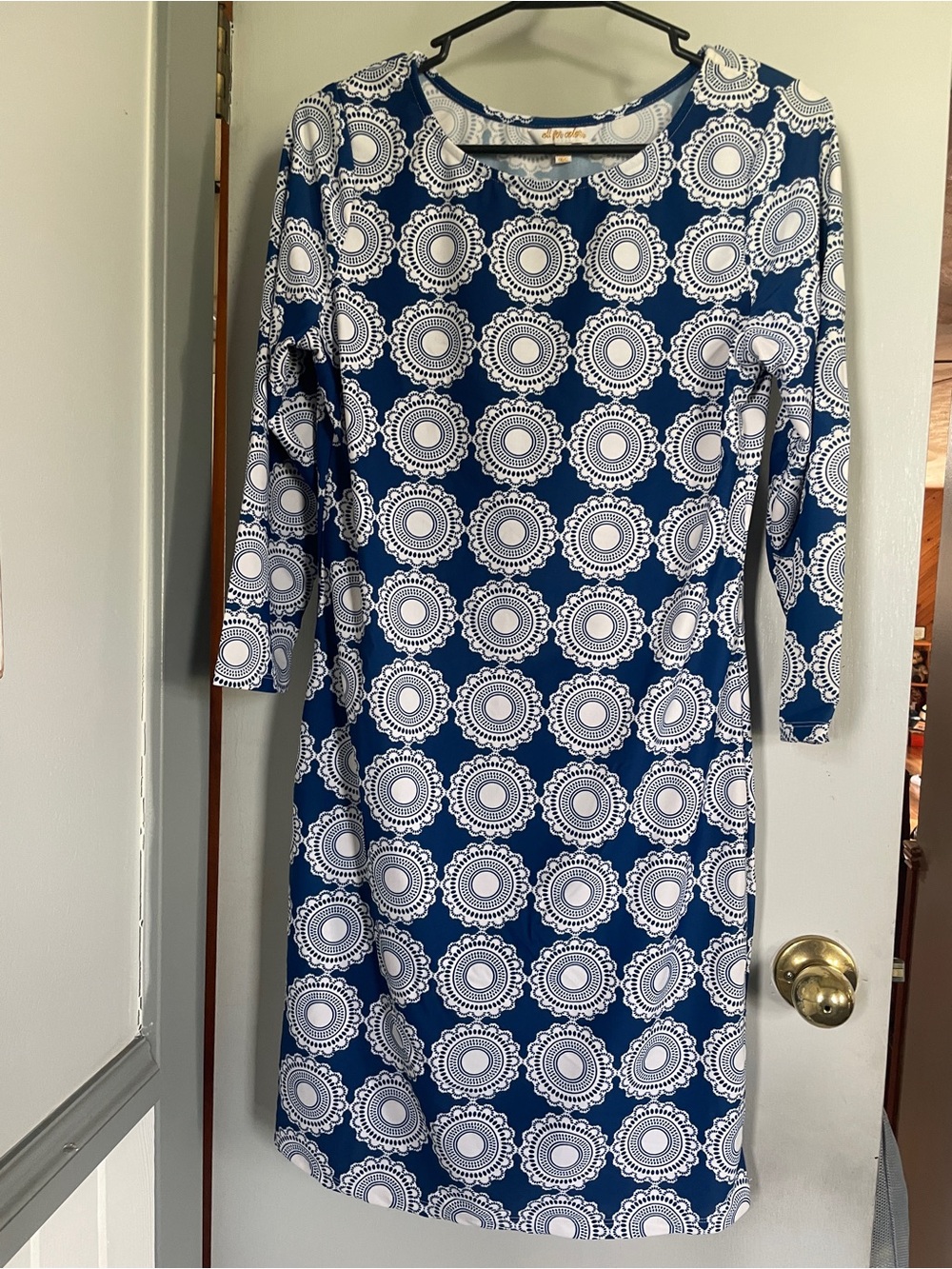 All For Color Blue and White Midi Sheath Dress size M